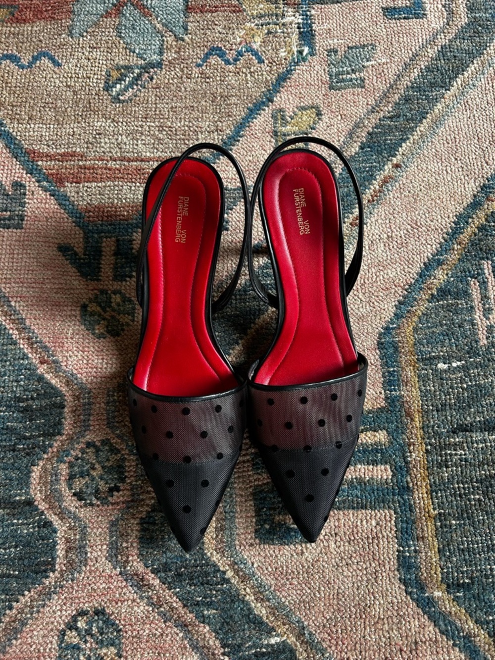Diane Von Furstenberg Black Mesh Polka-Dot Slingback Heels with Red Insole - Picture 3 of 5